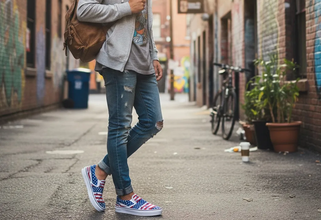 Young adults wearing personalized sneakers in urban lifestyle settings, highlighting target audience for custom footwear