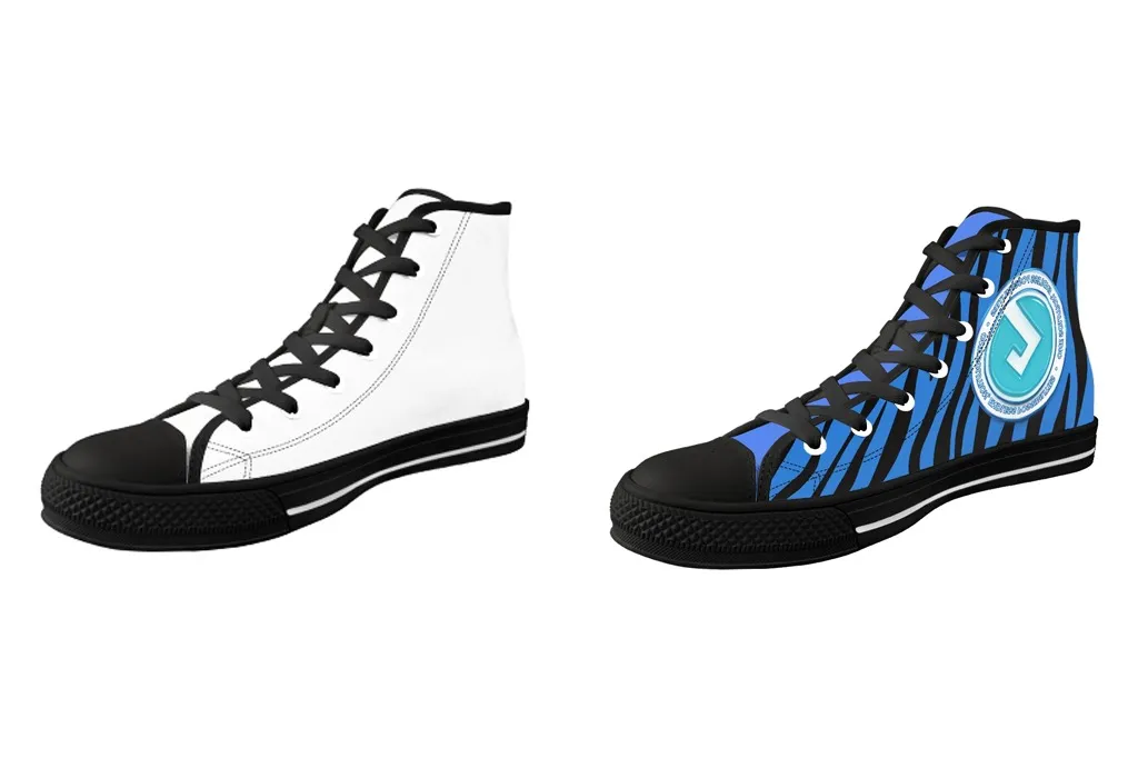 Before-and-after comparison of a base canvas shoe and a fully personalized custom sneaker showcasing transformation process