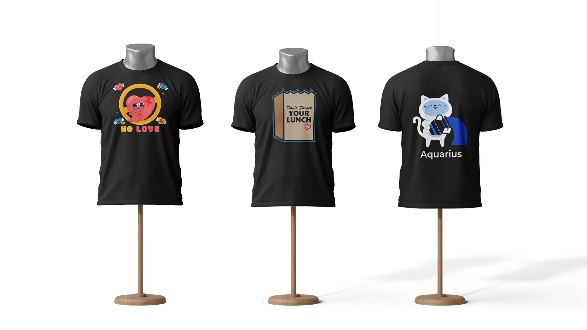 Three-panel mockup of trending Valentine’s T-shirt designs.