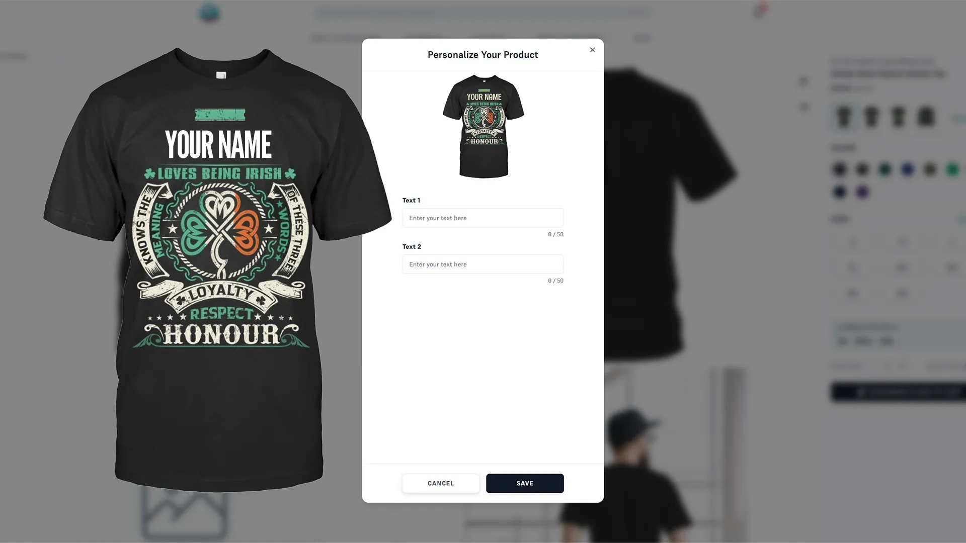 UI mockup of T-shirt with name/date customization