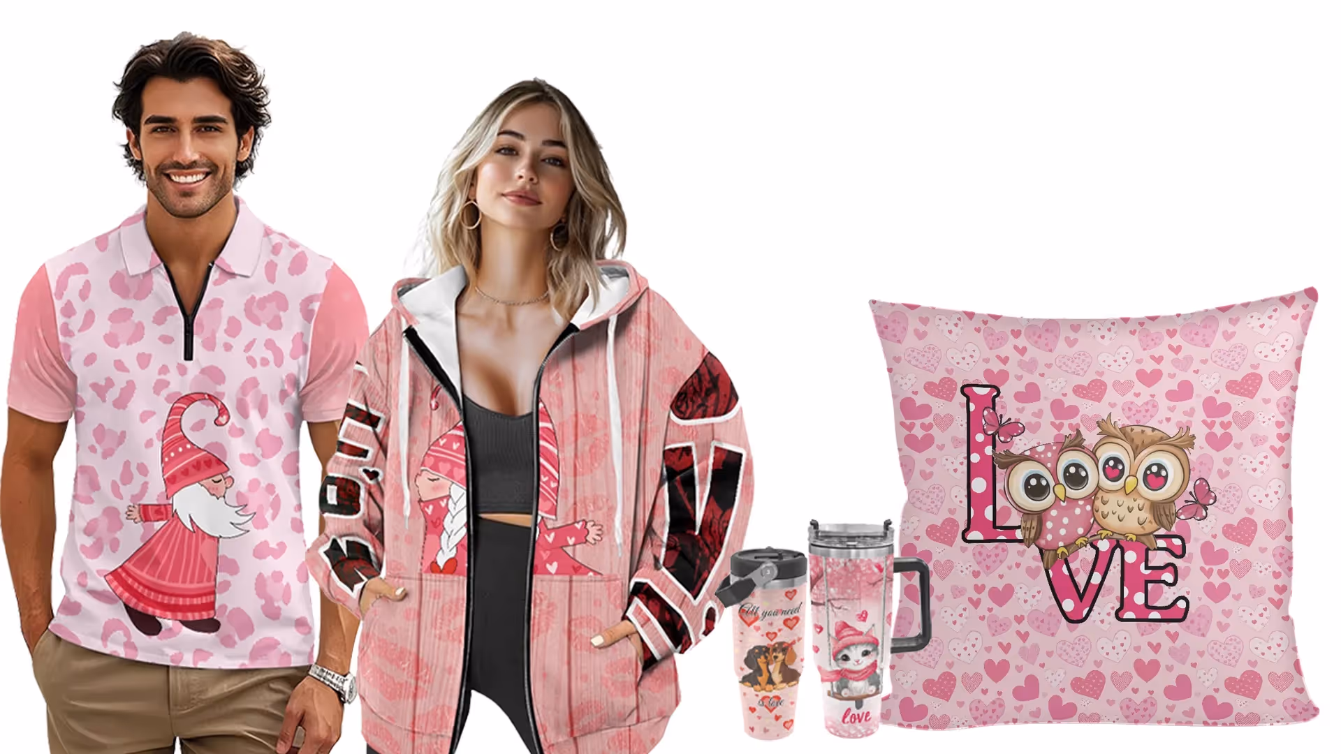 Trio of GearLaunch Valentine’s products—couple T-shirts, personalized mug, and heart pillow—showcasing customization.  