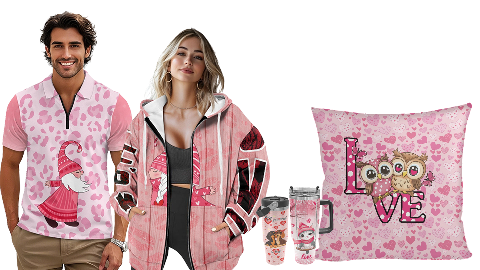 Trio of GearLaunch Valentine’s products—couple T-shirts, personalized mug, and heart pillow—showcasing customization.  