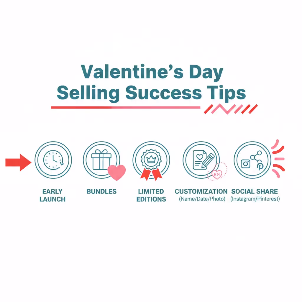 GearLaunch Valentine’s Day infographic with five sales tips and product feature icons for sellers.  