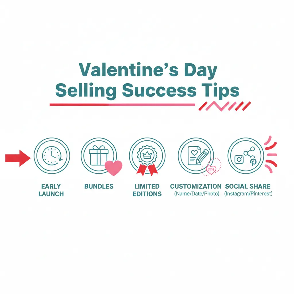 GearLaunch Valentine’s Day infographic with five sales tips and product feature icons for sellers.
