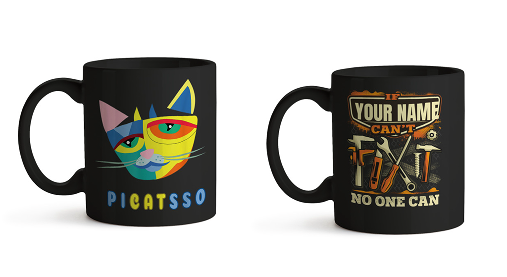 GearLaunch mug and t-shirt shown standard and personalized, highlighting premium customization options