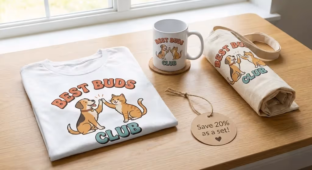 Pet-themed GearLaunch product bundle with t-shirt, mug, and tote bag, labeled as a value set