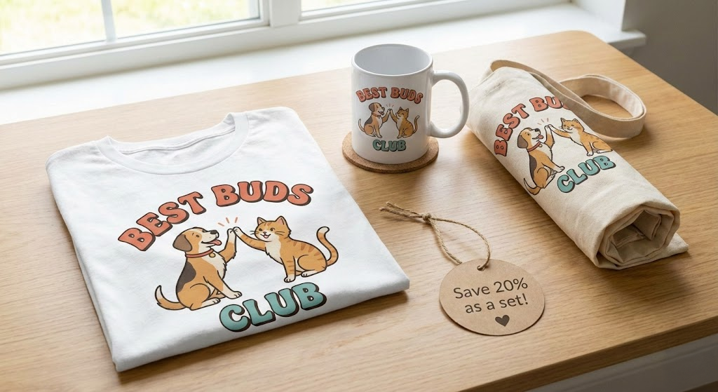 Pet-themed GearLaunch product bundle with t-shirt, mug, and tote bag, labeled as a value set