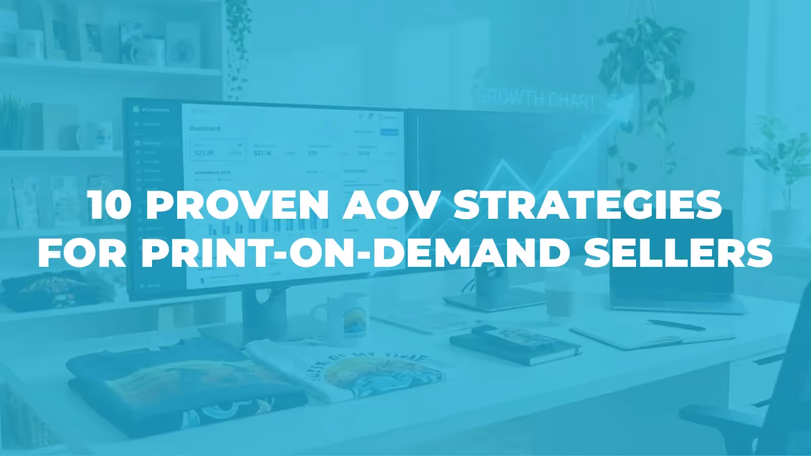 Modern eCommerce workspace with GearLaunch print-on-demand products, sales dashboard, and growth chart overlay