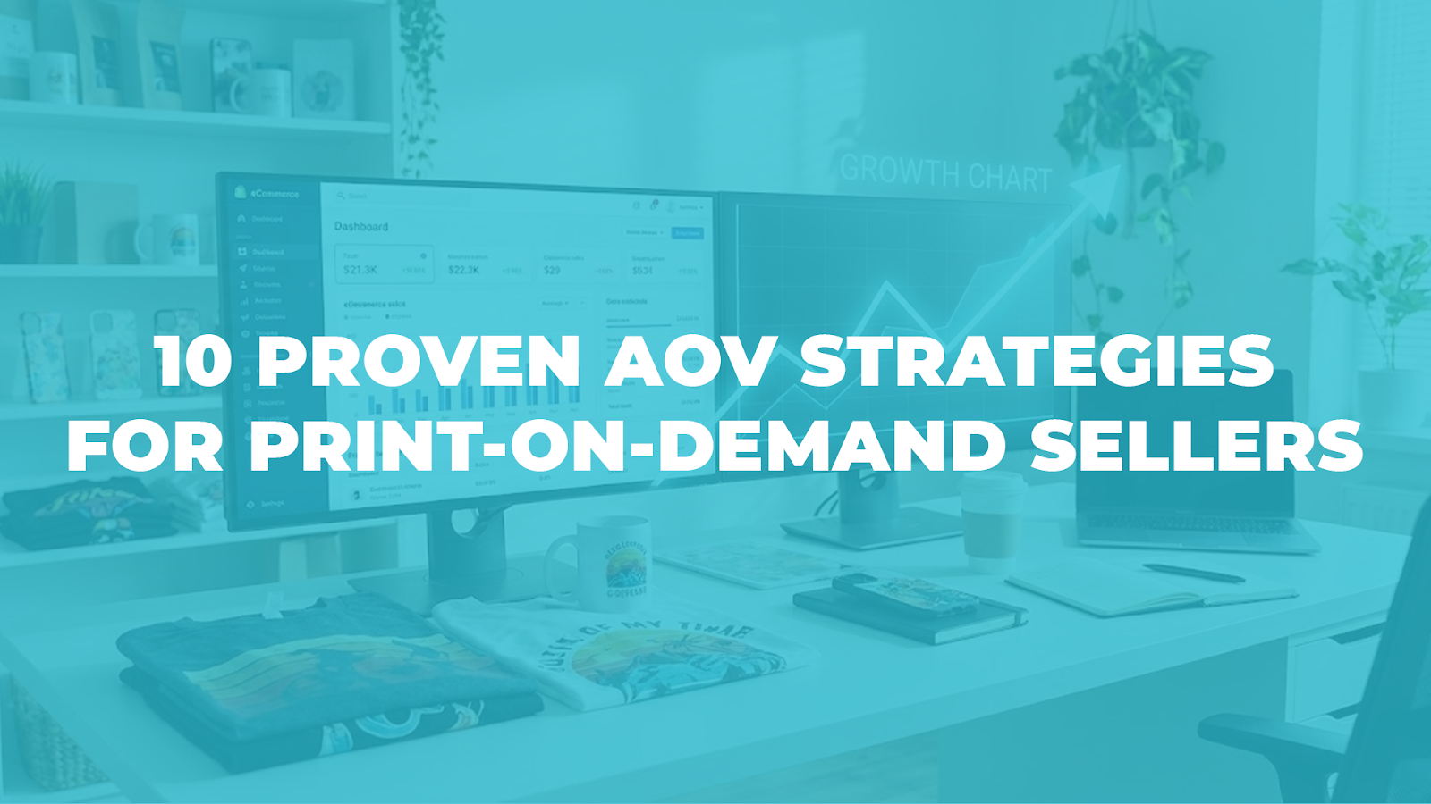 Modern eCommerce workspace with GearLaunch print-on-demand products, sales dashboard, and growth chart overlay