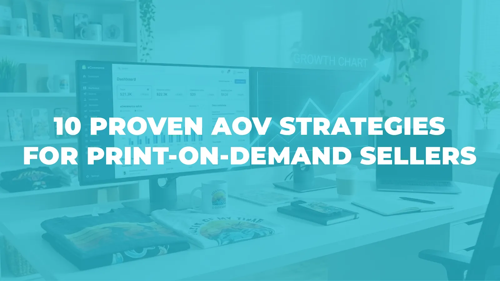 Modern eCommerce workspace with GearLaunch print-on-demand products, sales dashboard, and growth chart overlay