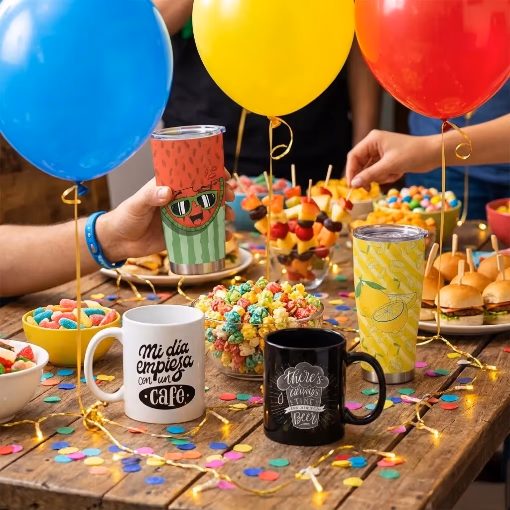 Party scene featuring GearLaunch mugs, tumblers, and steins with festive designs, demonstrating drinkware collection bundles.  