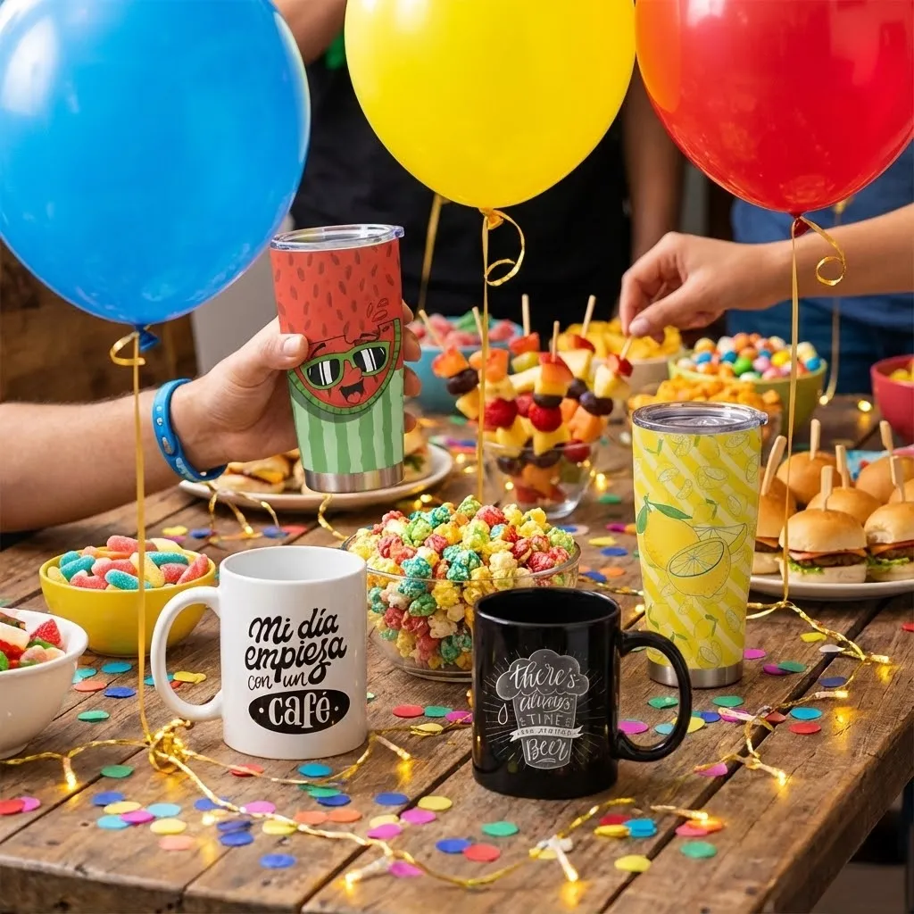 Party scene featuring GearLaunch mugs, tumblers, and steins with festive designs, demonstrating drinkware collection bundles.  