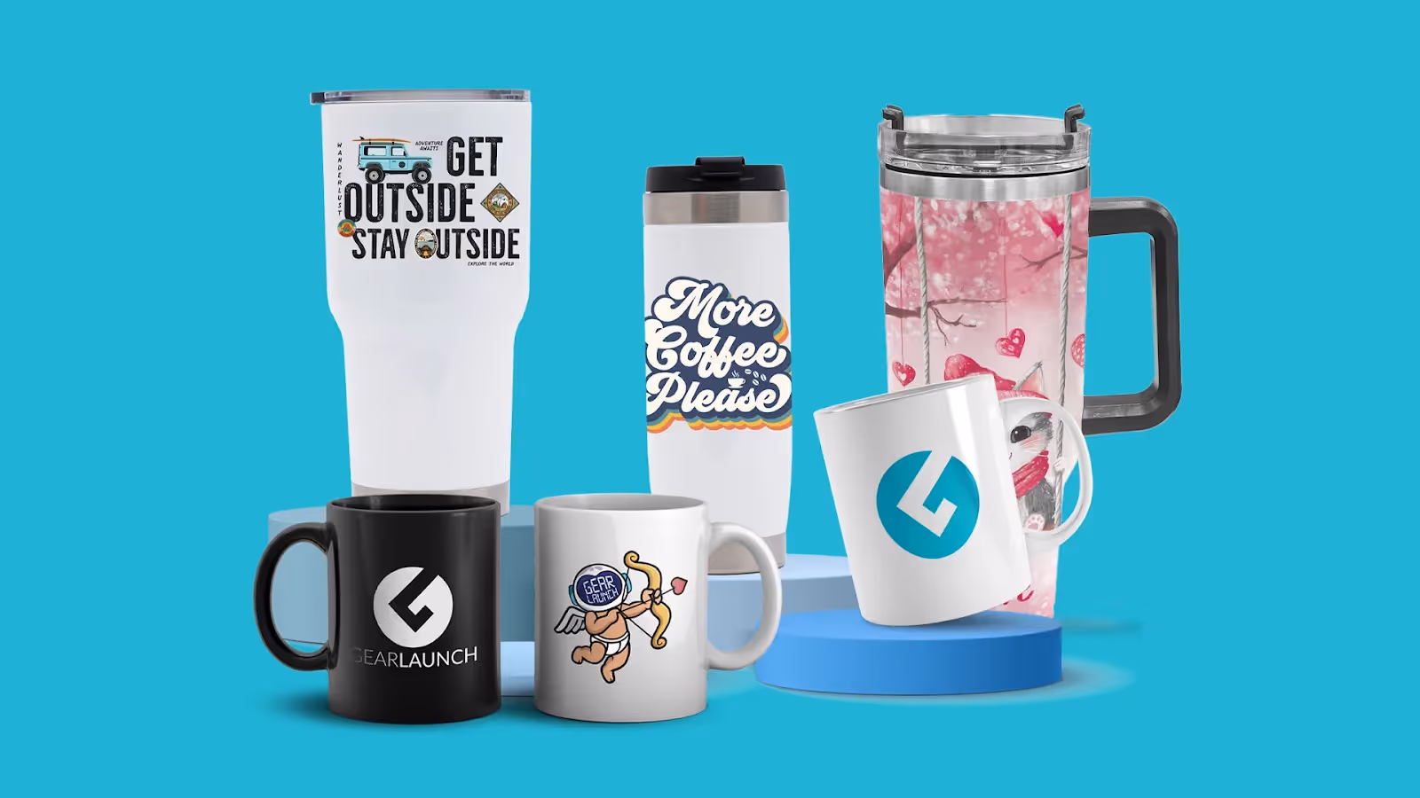 Flat lay of GearLaunch mugs, tumbler, and beer stein displayed with gifts and party props, promoting drinkware upsell bundles.  
