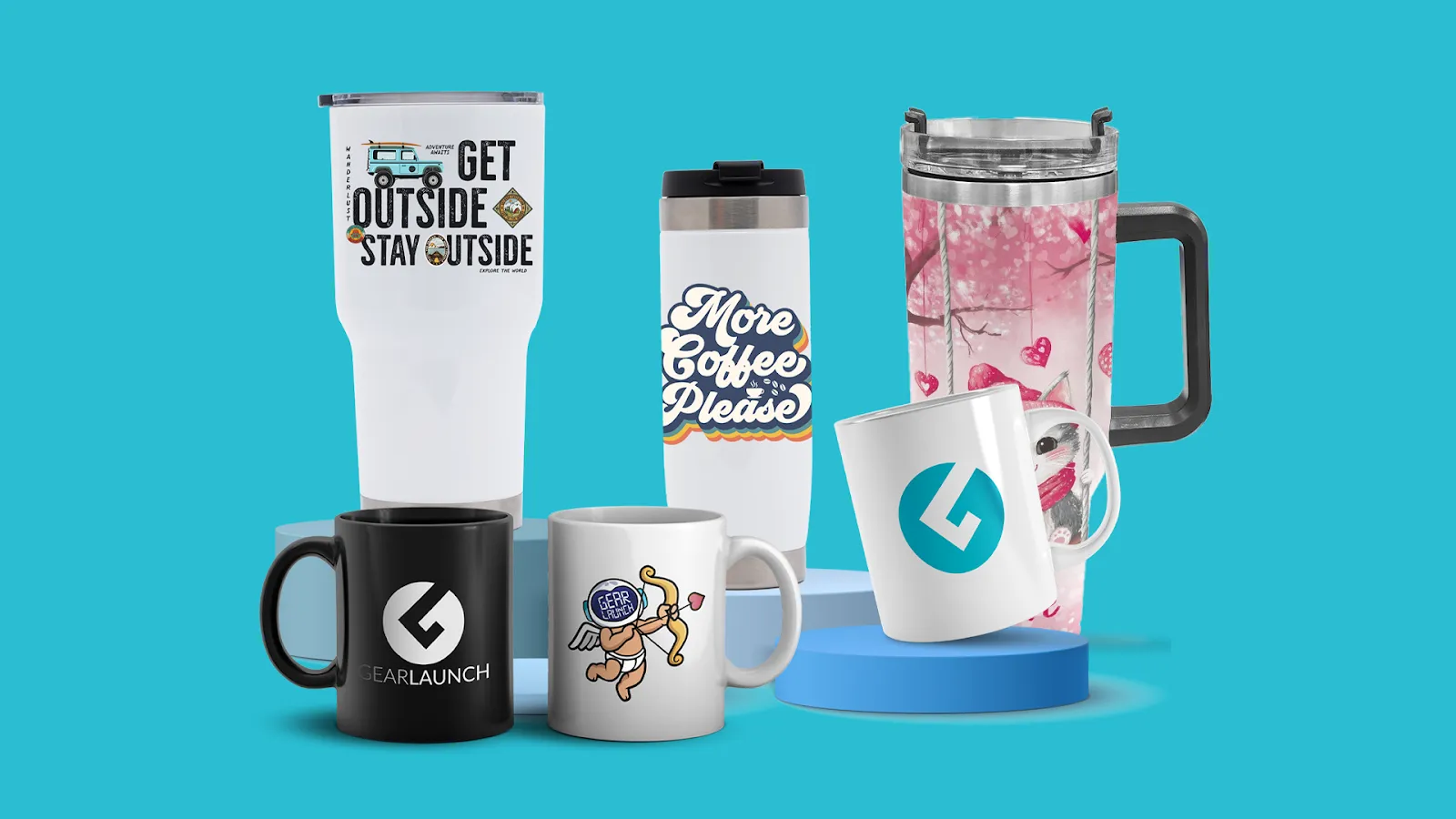 Flat lay of GearLaunch mugs, tumbler, and beer stein displayed with gifts and party props, promoting drinkware upsell bundles.  