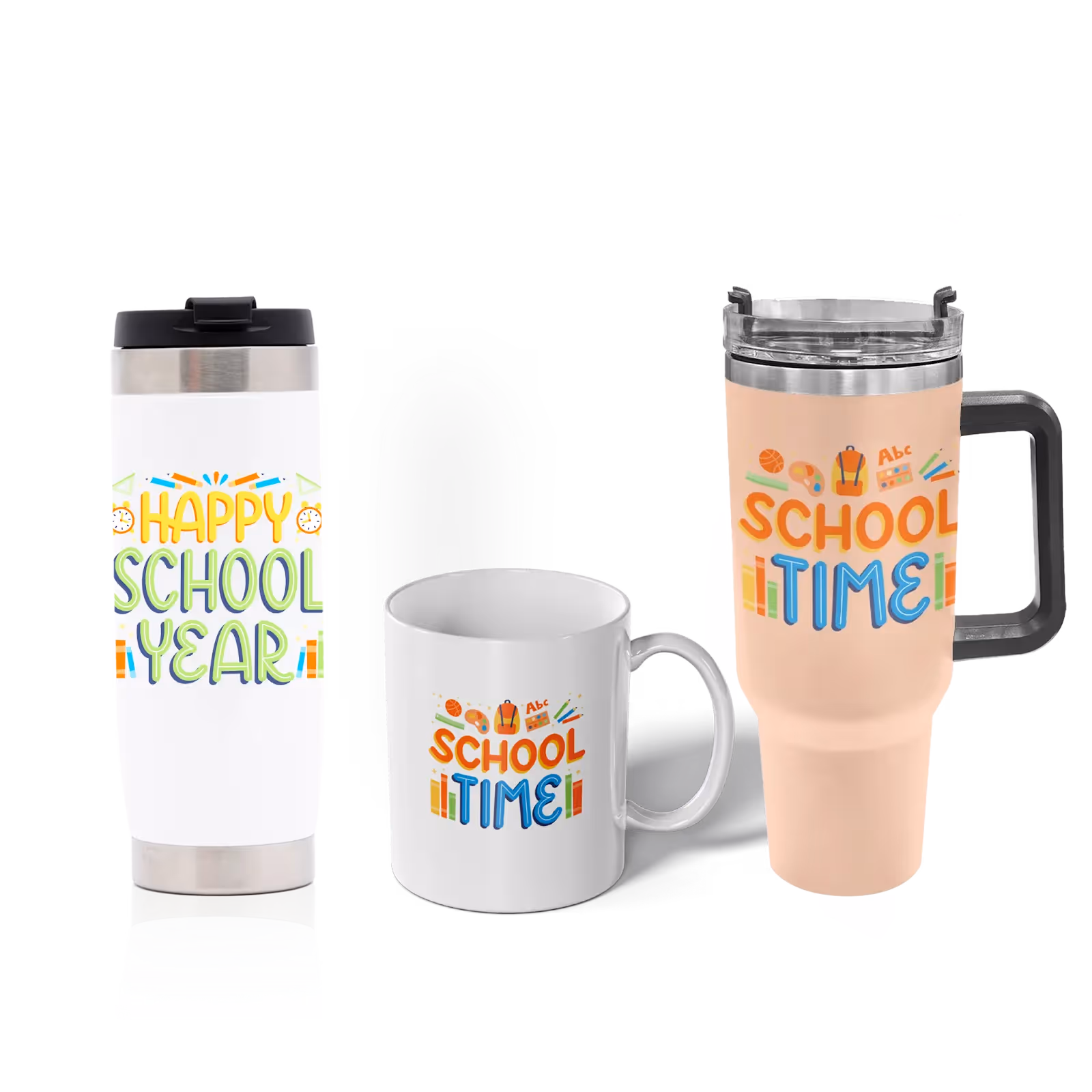Three GearLaunch drinkware products—mug, tumbler, and beer stein—display the same bold design to demonstrate upsell potential.