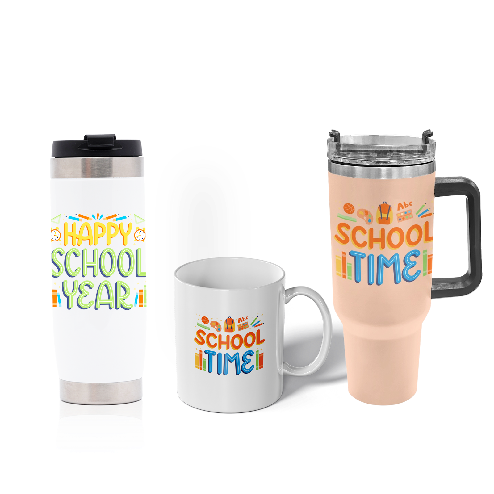 Three GearLaunch drinkware products—mug, tumbler, and beer stein—display the same bold design to demonstrate upsell potential.