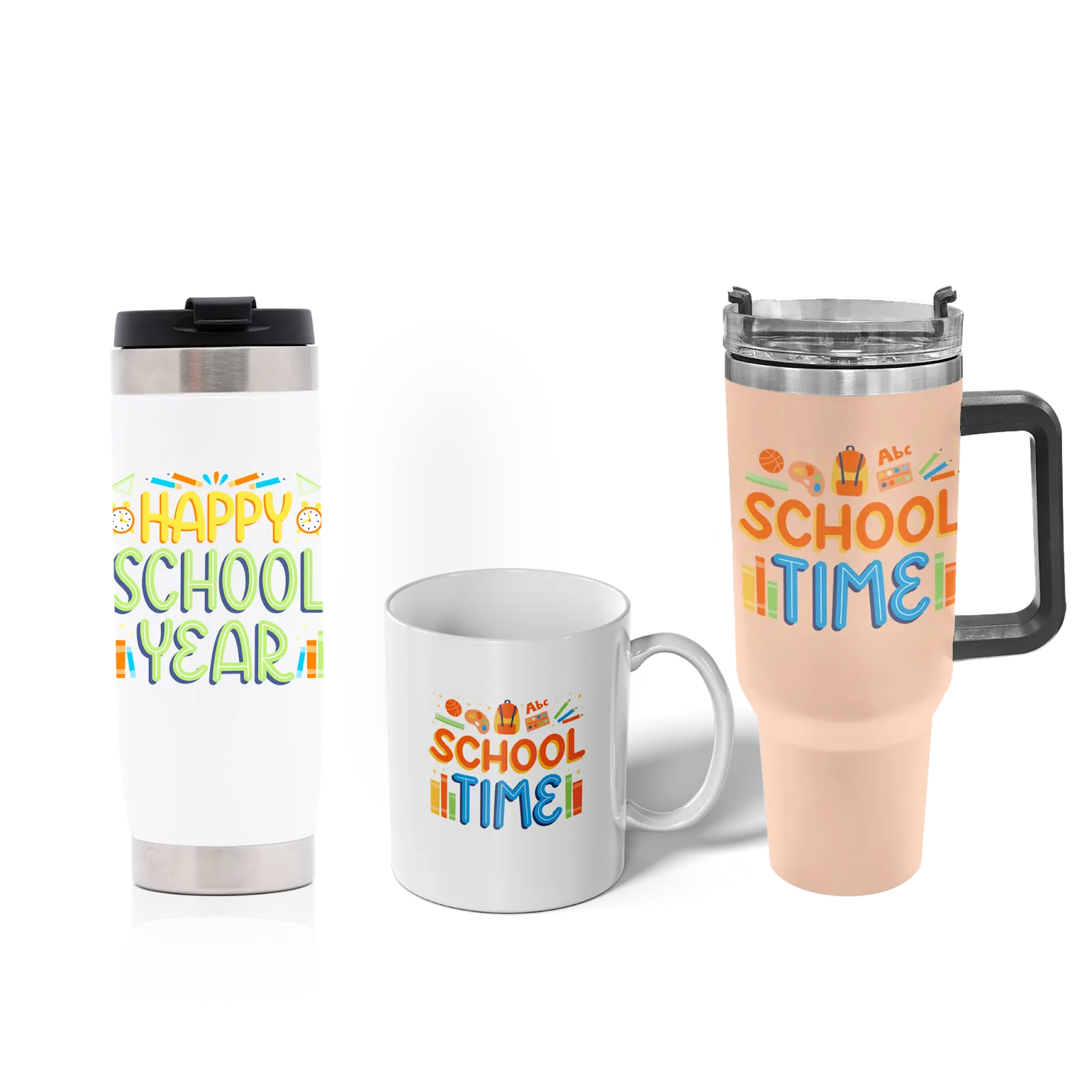 Three GearLaunch drinkware products—mug, tumbler, and beer stein—display the same bold design to demonstrate upsell potential.