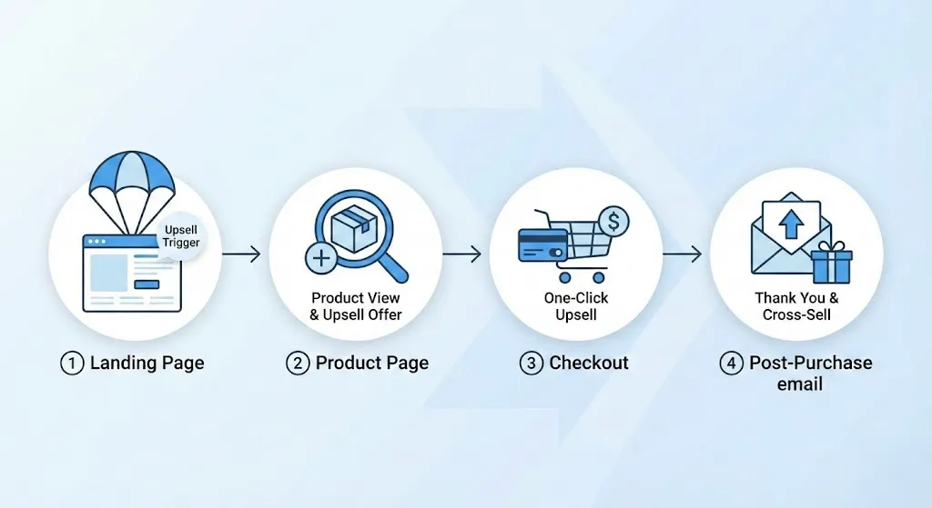 GearLaunch upsell funnel graphic showing drinkware bundles at each sales stage, from landing page to post-purchase email.  