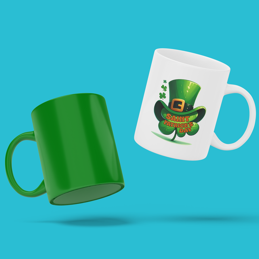 Comparison of basic green mug versus upgraded shamrock mug design with gold accents for higher conversions.