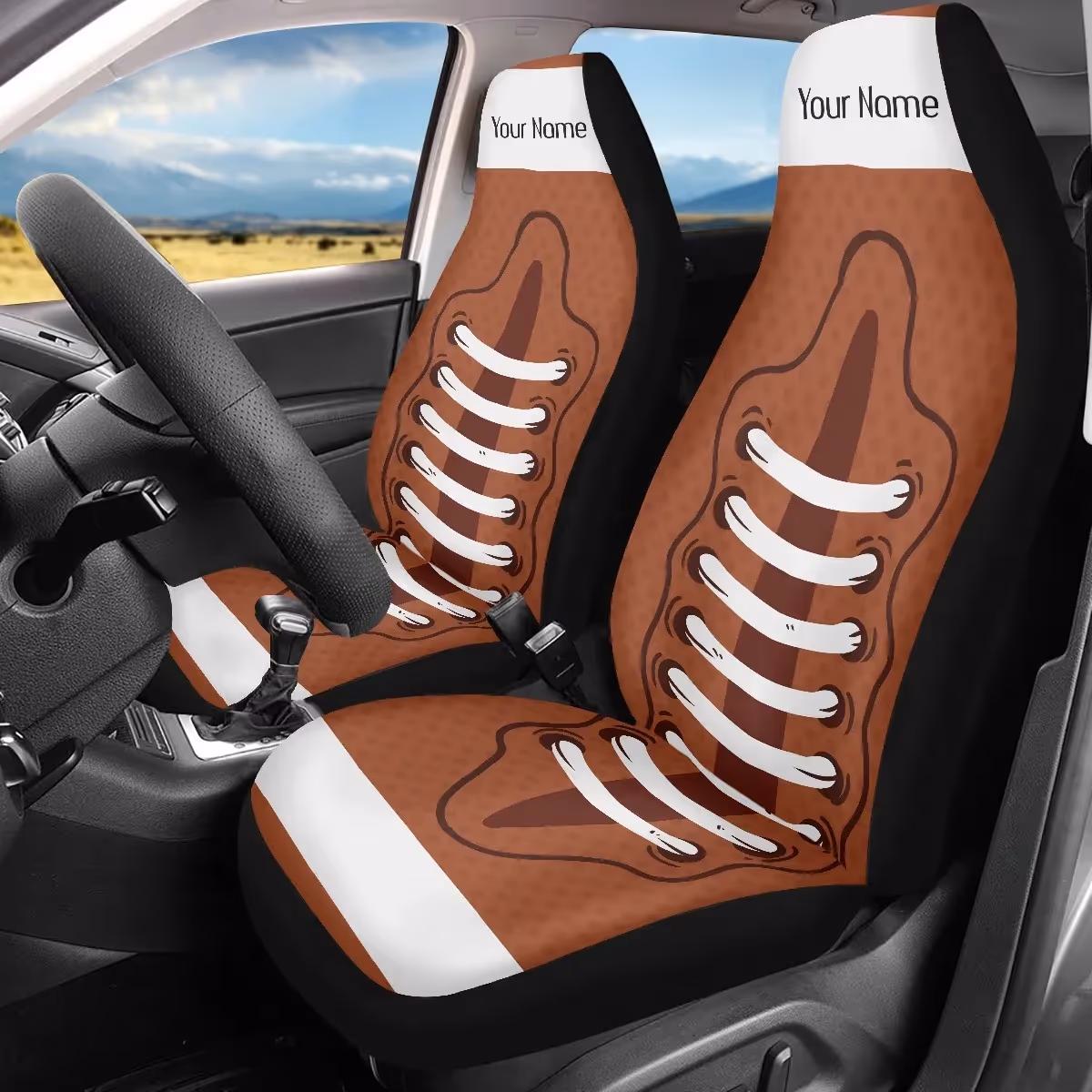 Personalized football-themed products with custom names and family phrases.