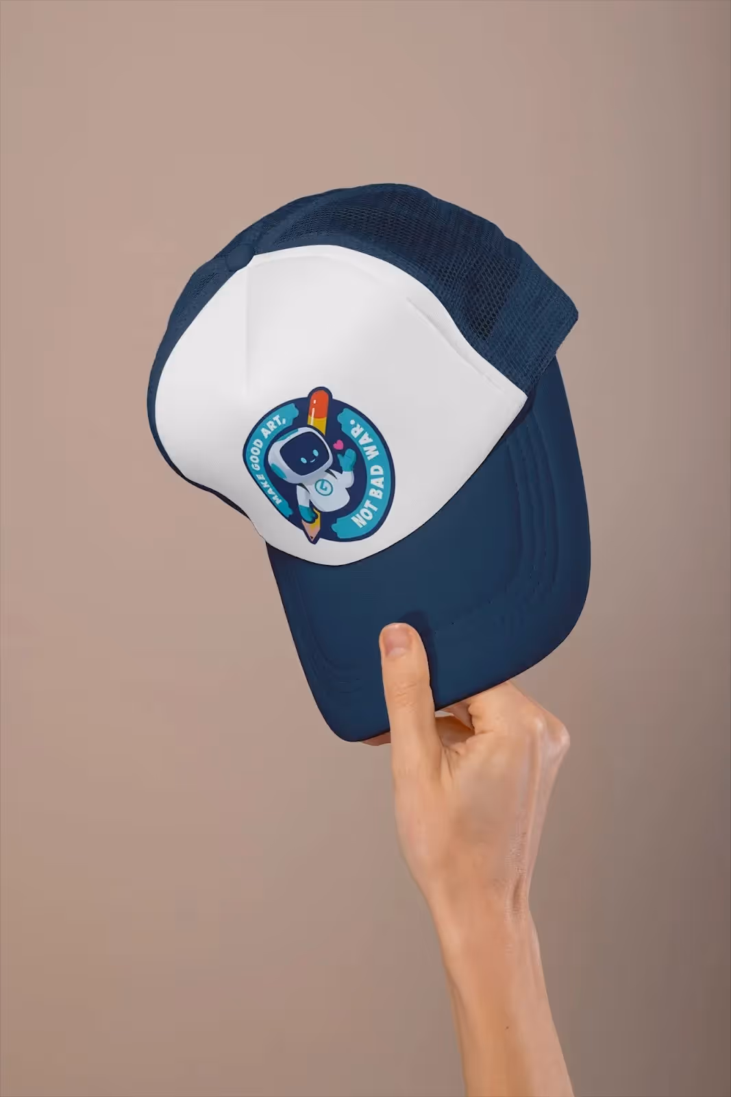 Mesh trucker hat with GearLaunch designs printed front panel and adjustable snapback closure.