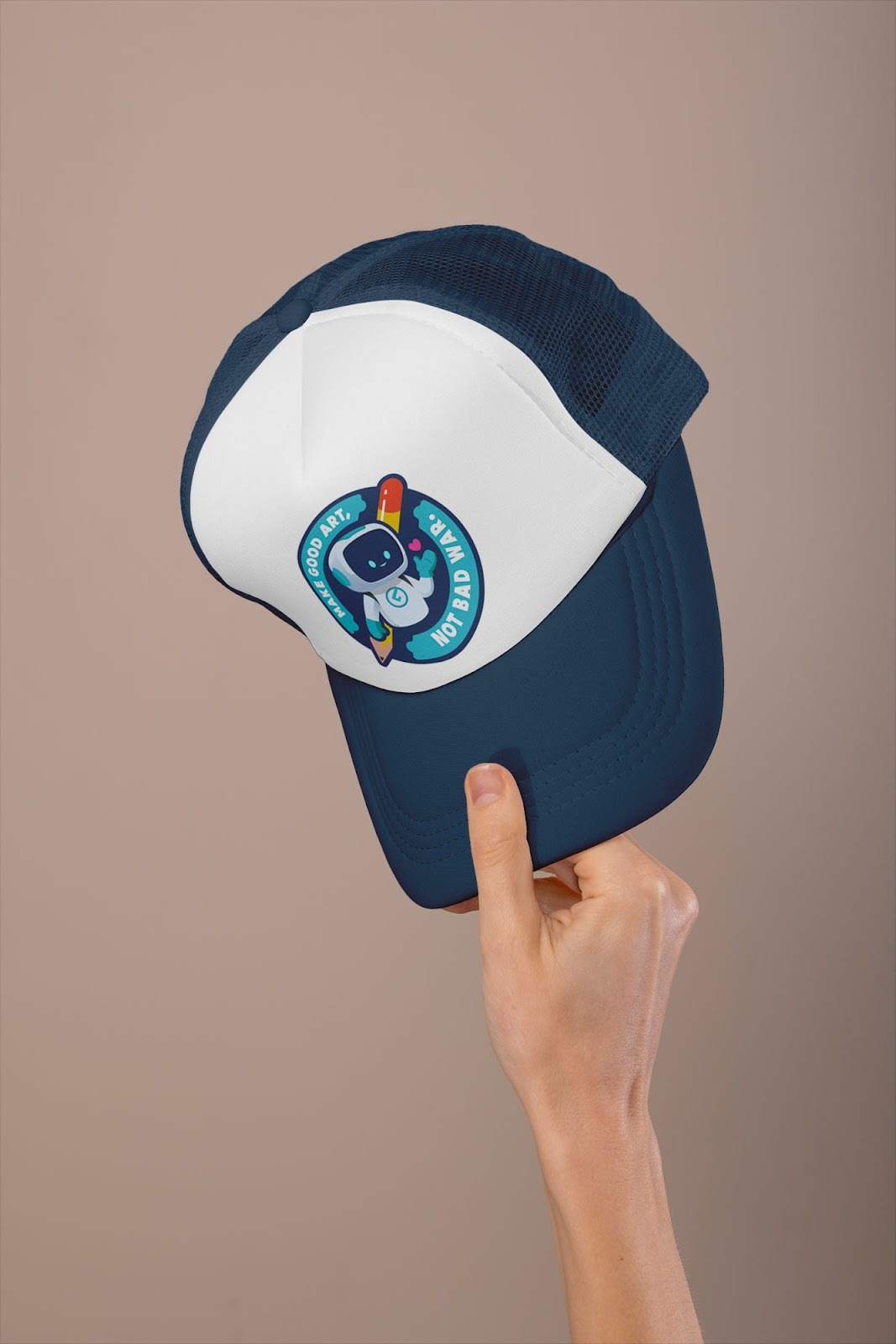 Mesh trucker hat with GearLaunch designs printed front panel and adjustable snapback closure.