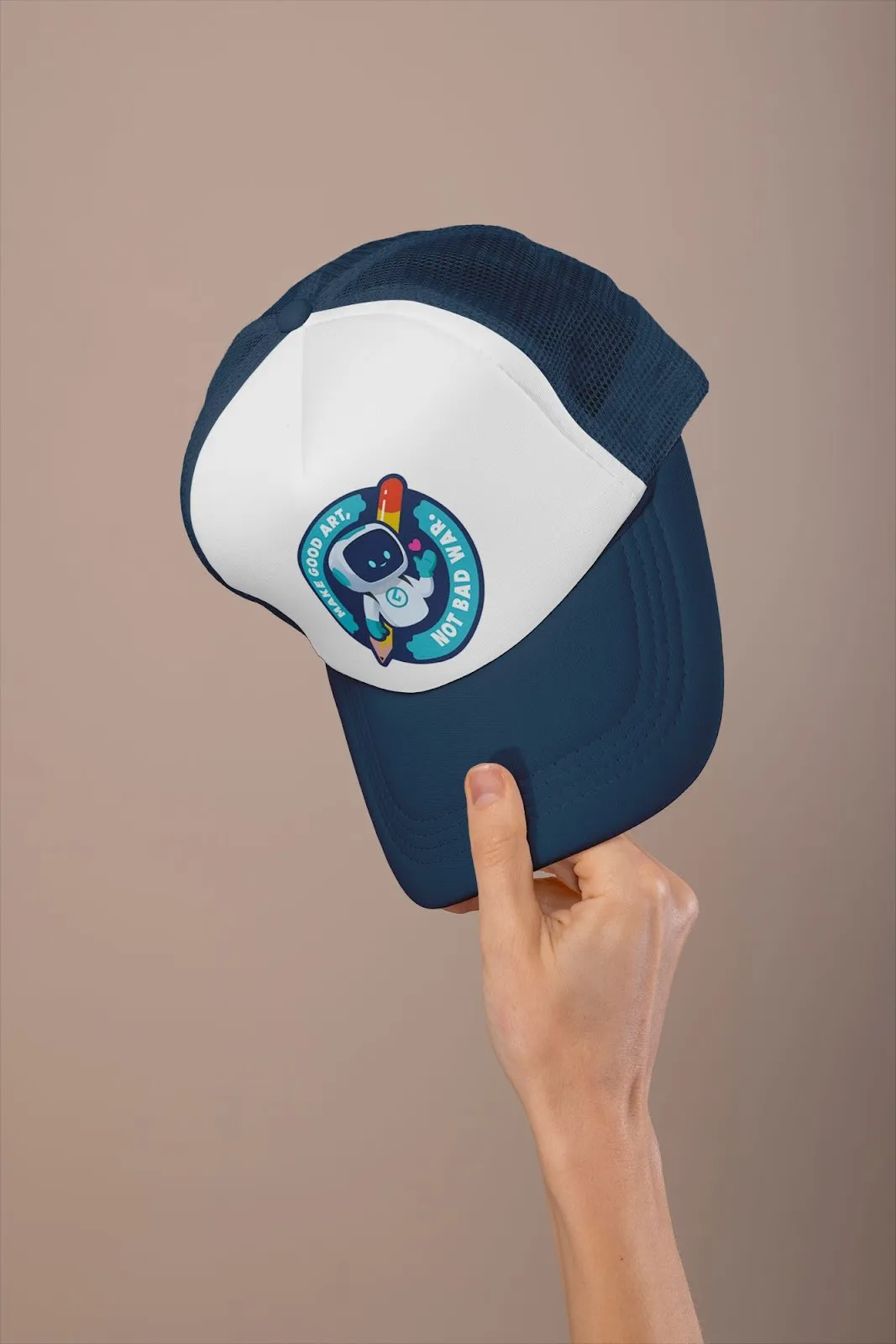 Mesh trucker hat with GearLaunch designs printed front panel and adjustable snapback closure.