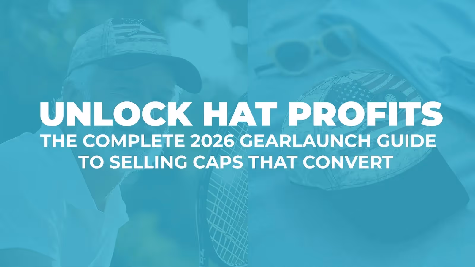 GearLaunch custom hats including mesh trucker hats, all-over print baseball caps, and winter beanies displayed as profitable print-on-demand products.