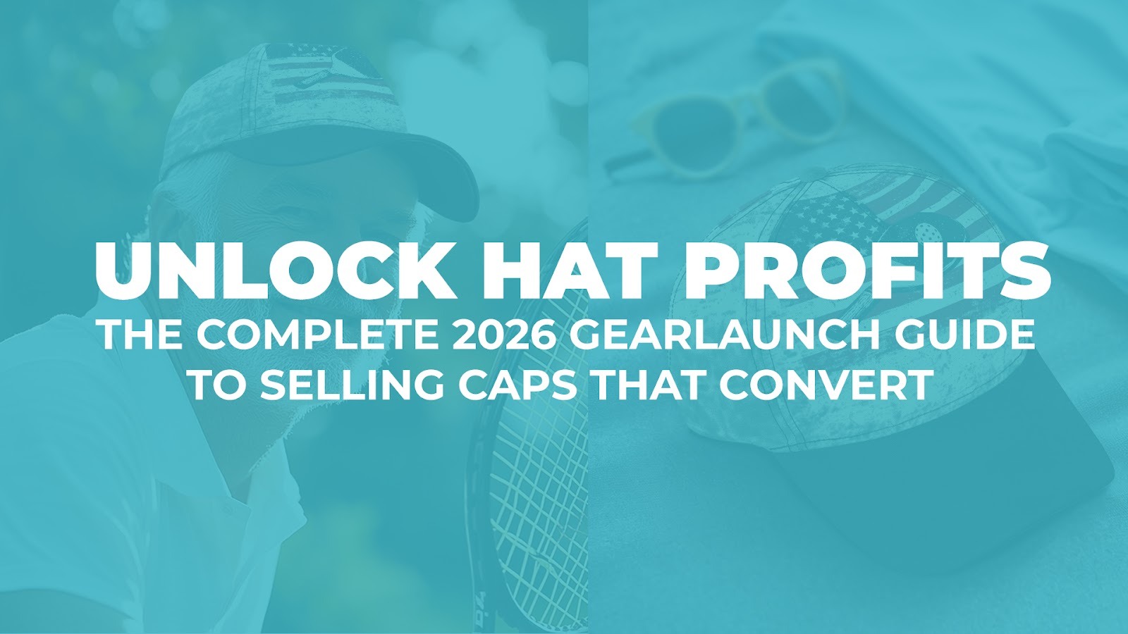 GearLaunch custom hats including mesh trucker hats, all-over print baseball caps, and winter beanies displayed as profitable print-on-demand products.