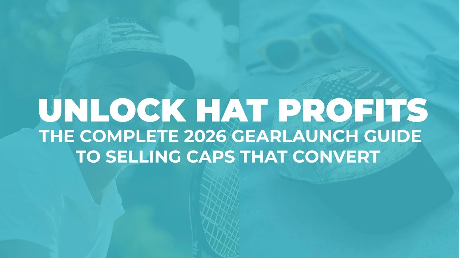 GearLaunch custom hats including mesh trucker hats, all-over print baseball caps, and winter beanies displayed as profitable print-on-demand products.