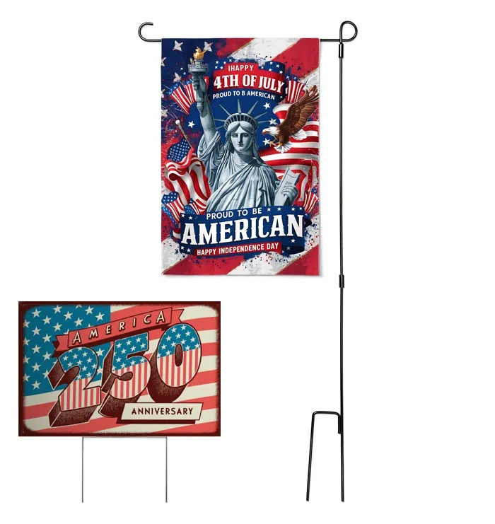 Patriotic decor bundle with matching custom flag and yard signs for the 250th anniversary.