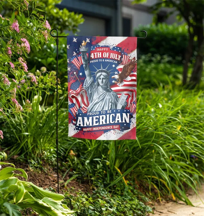 Personalized patriotic garden flag displayed outdoors for the 250th anniversary celebration