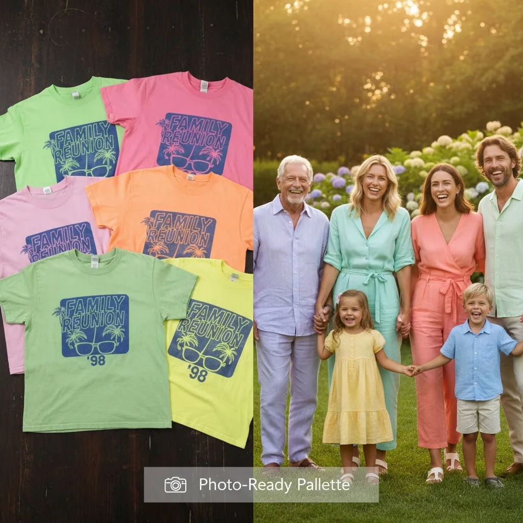 Generational color-coded family reunion shirts in pastel tones for Easter 2026.