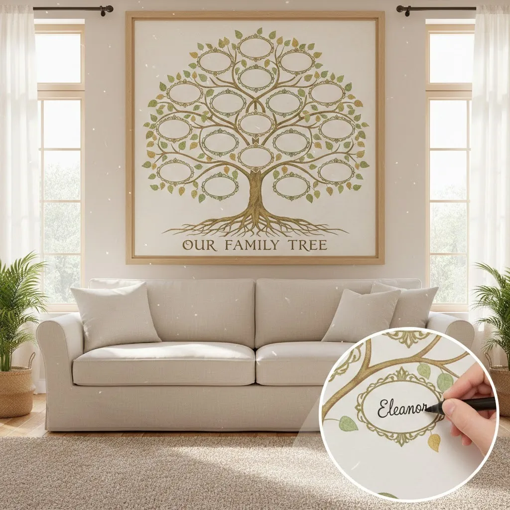 Personalized family tree canvas used as interactive decor at a family reunion.
