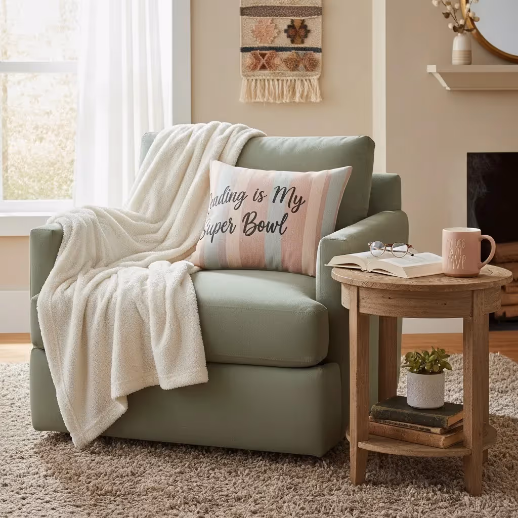 Cozy fleece blankets and pillows designed for hobby lovers and anti-sports shoppers.