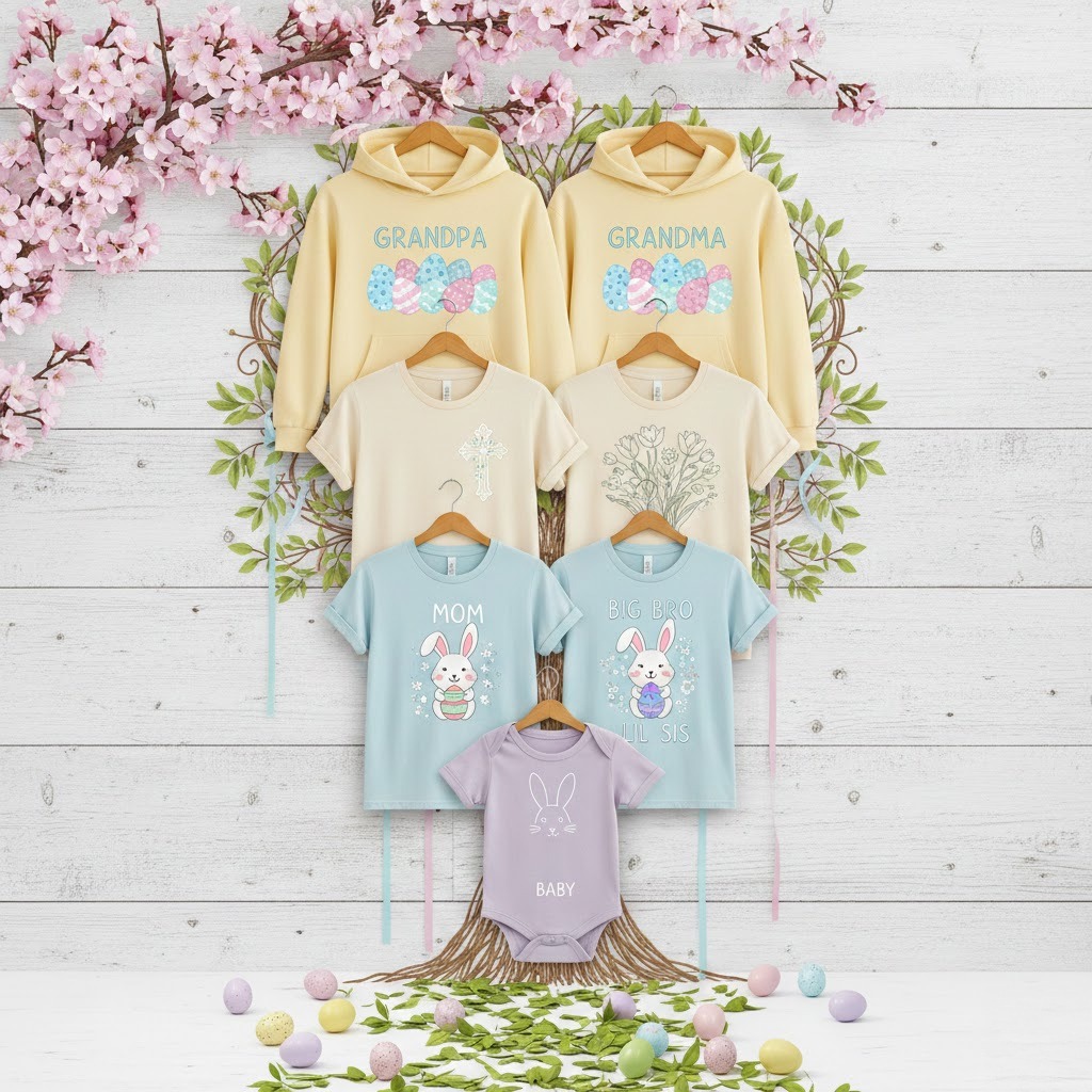 Easter-themed generational family outfit bundle including hoodies, adult shirts, kids tees, and baby onesies