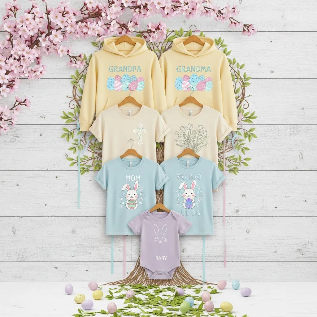 Easter-themed generational family outfit bundle including hoodies, adult shirts, kids tees, and baby onesies