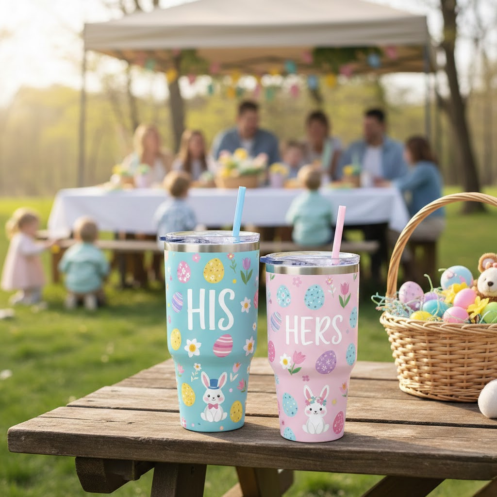 Matching Easter his and hers tumblers used during a family Easter celebration