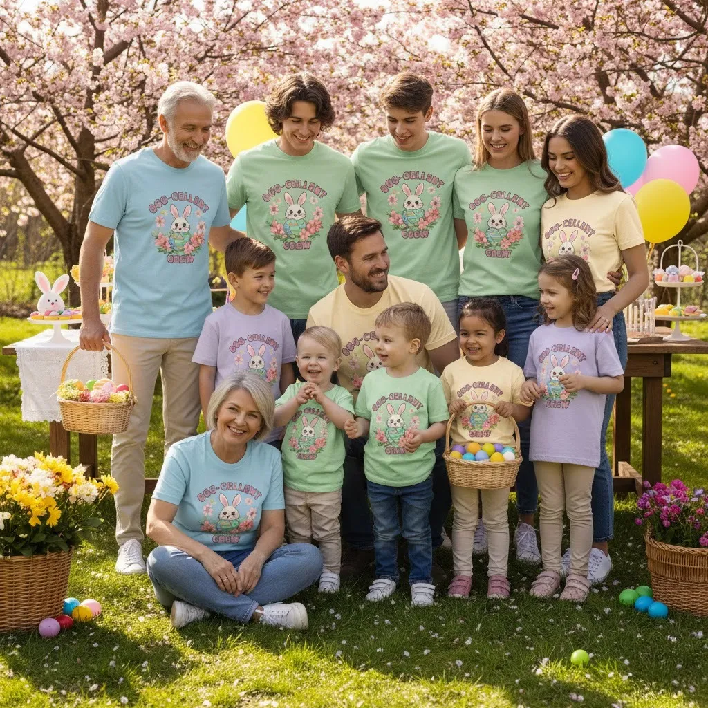 Multi-generational family wearing matching Easter outfits during a spring Easter gathering