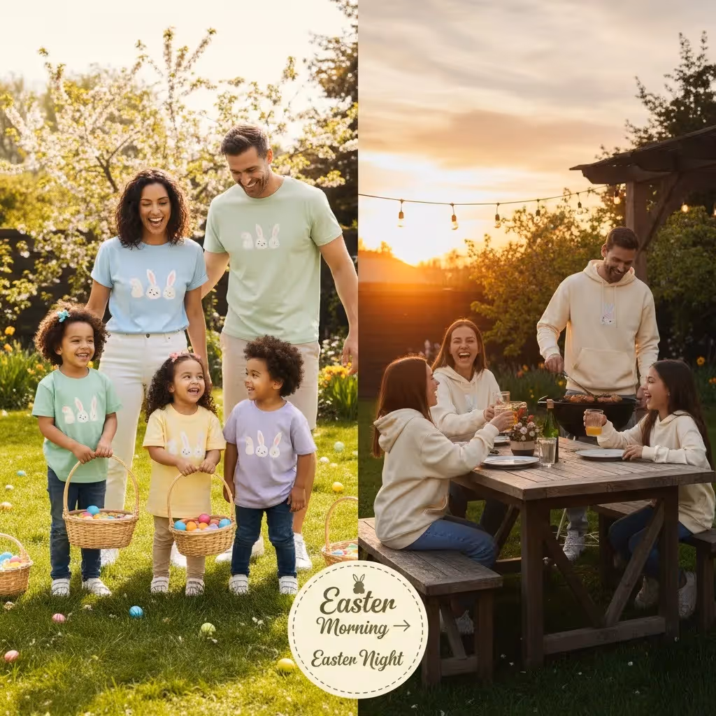 Easter day-to-night family outfits transitioning from t-shirts to hoodies