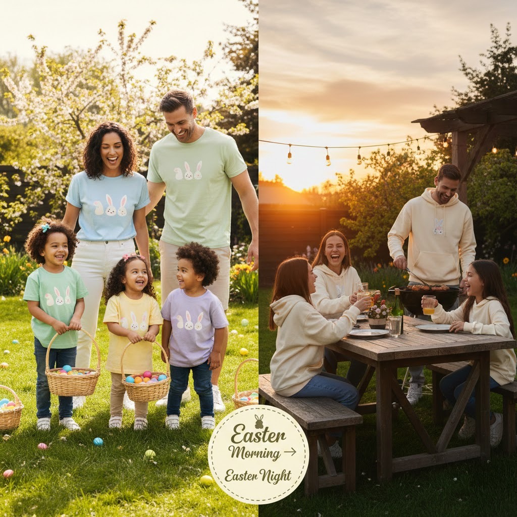 Easter day-to-night family outfits transitioning from t-shirts to hoodies