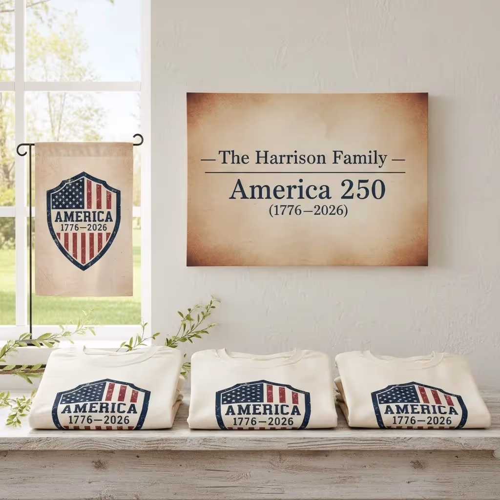 America 250 legacy family bundle with matching apparel, personalized canvas wall art, and commemorative garden flag
