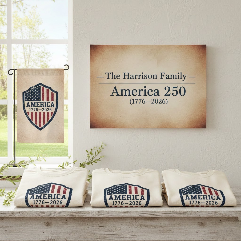 America 250 legacy family bundle with matching apparel, personalized canvas wall art, and commemorative garden flag