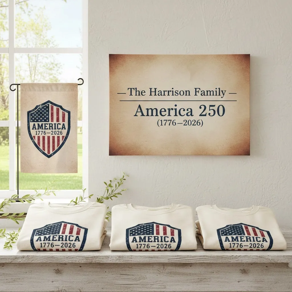 America 250 legacy family bundle with matching apparel, personalized canvas wall art, and commemorative garden flag