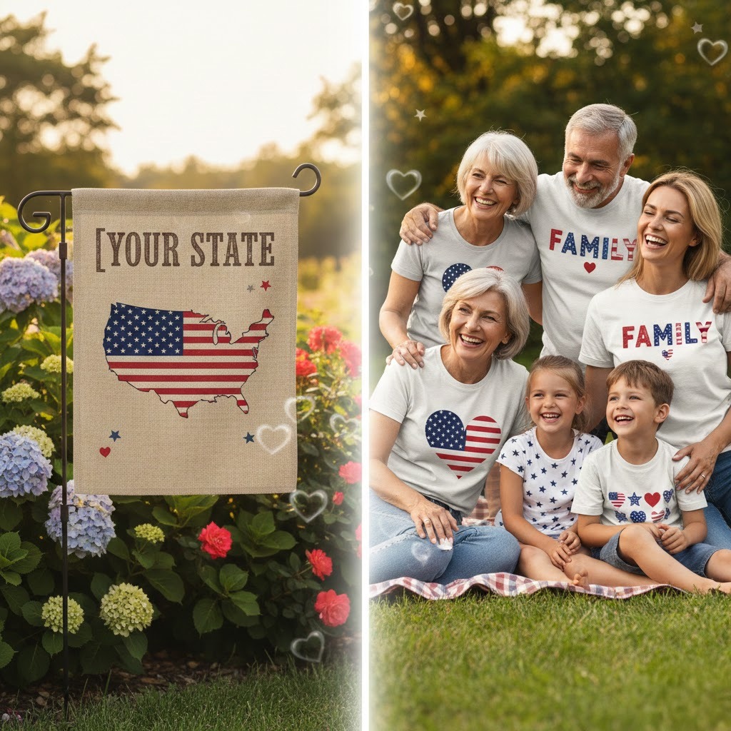 Local pride and family-themed patriotic apparel mockups for America 250 marketing