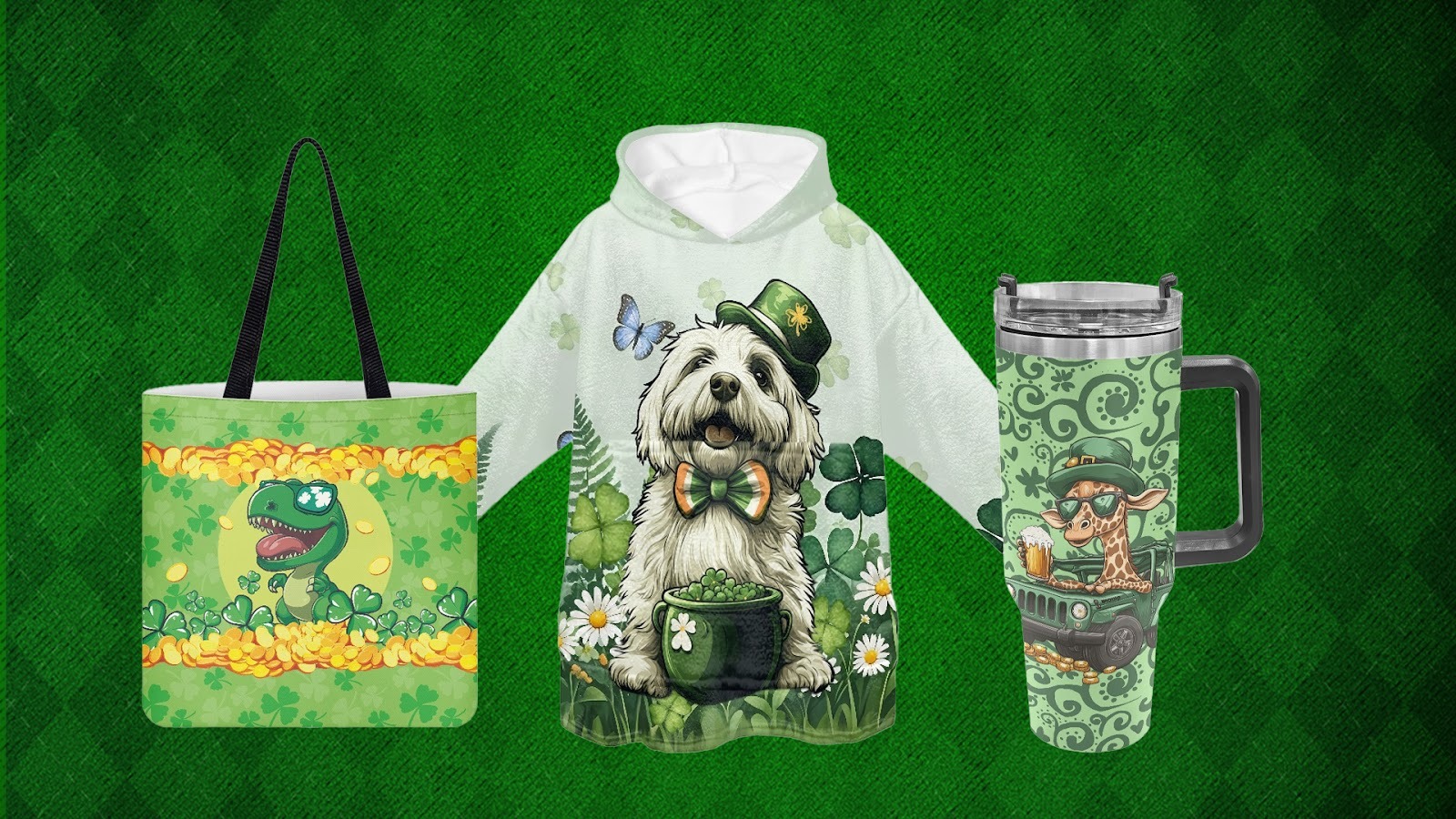 Grid of top-selling St. Patrick’s Day print-on-demand products including hoodies, shirts, mugs, pet bandanas, and tote bags.
