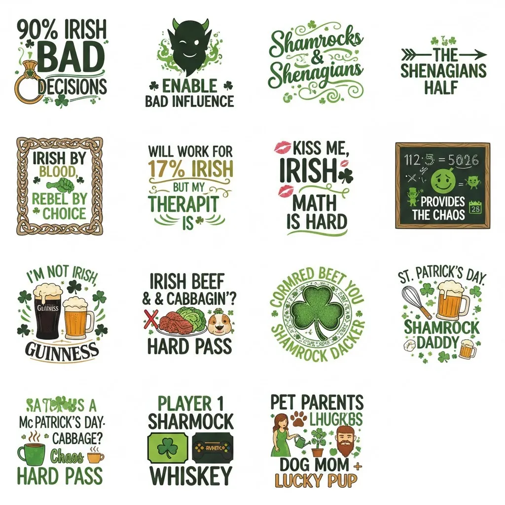 Carousel-style mockups displaying humorous St. Patrick’s Day slogans designed for high social media engagement.