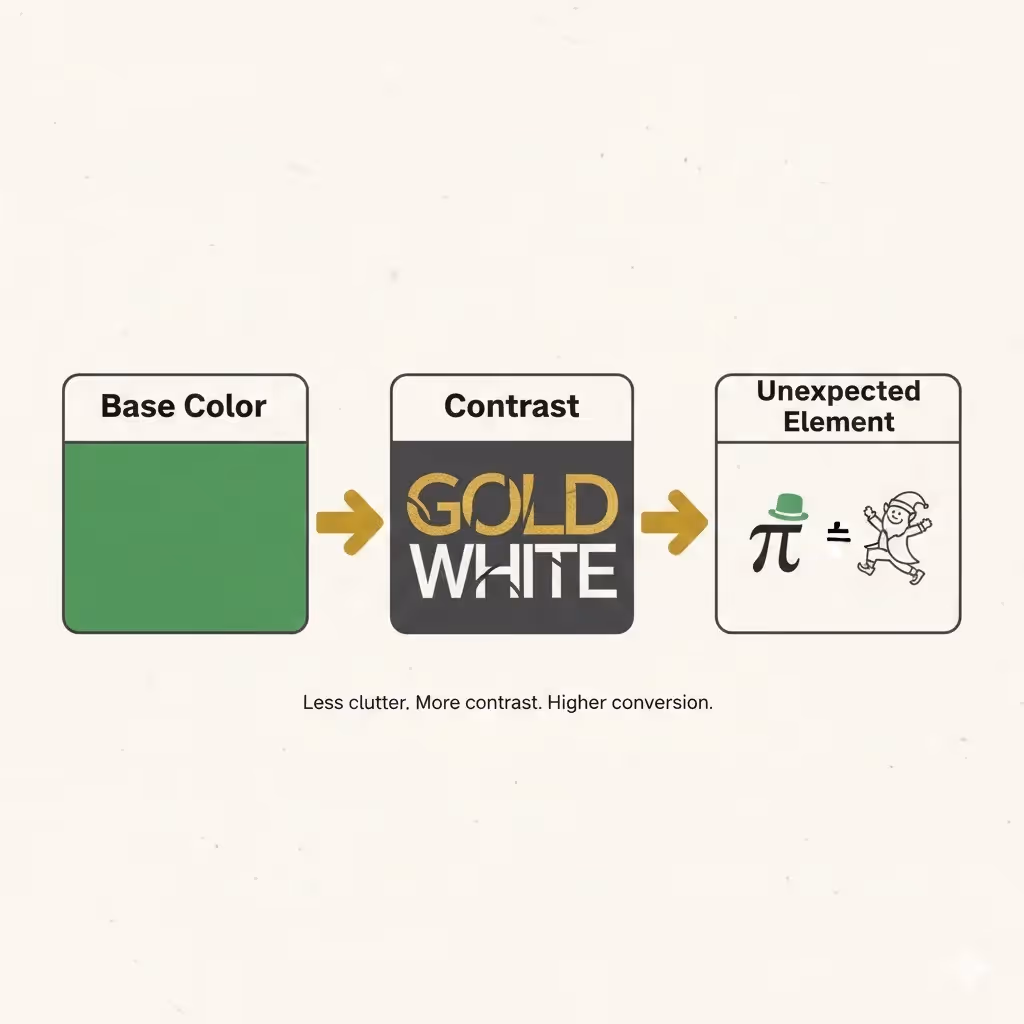 Design diagram explaining how Kelly green, gold contrast, and humor elements improve St. Patrick’s Day product performance.