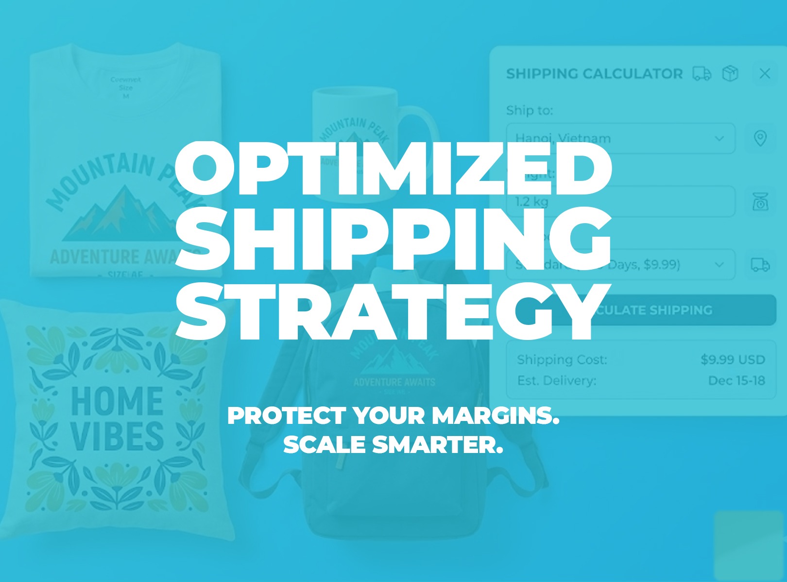 Flat-lay of print-on-demand products including T-shirt, mug, pillow, and backpack with shipping calculator UI overlay on blue gradient background.