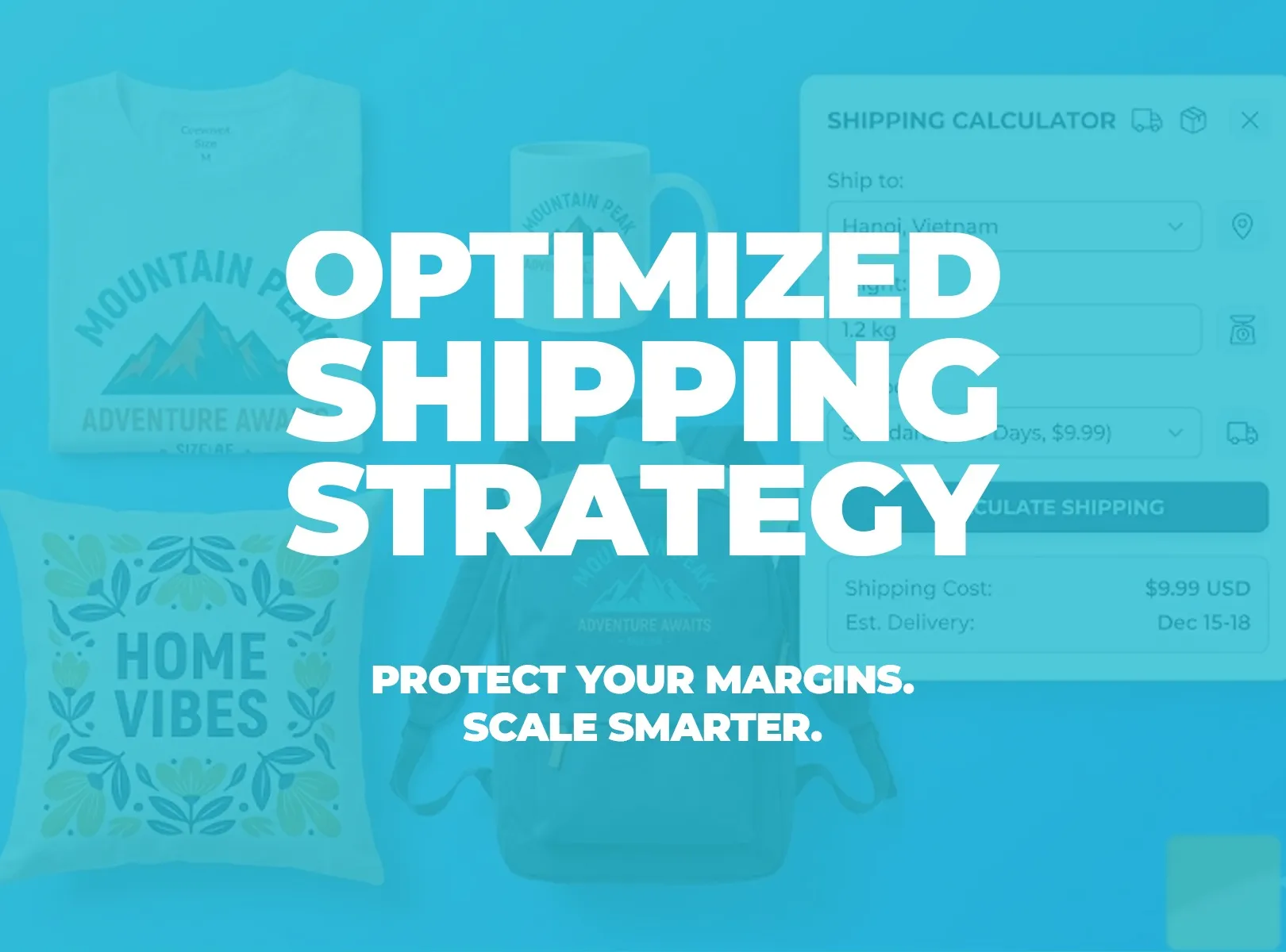 Flat-lay of print-on-demand products including T-shirt, mug, pillow, and backpack with shipping calculator UI overlay on blue gradient background.